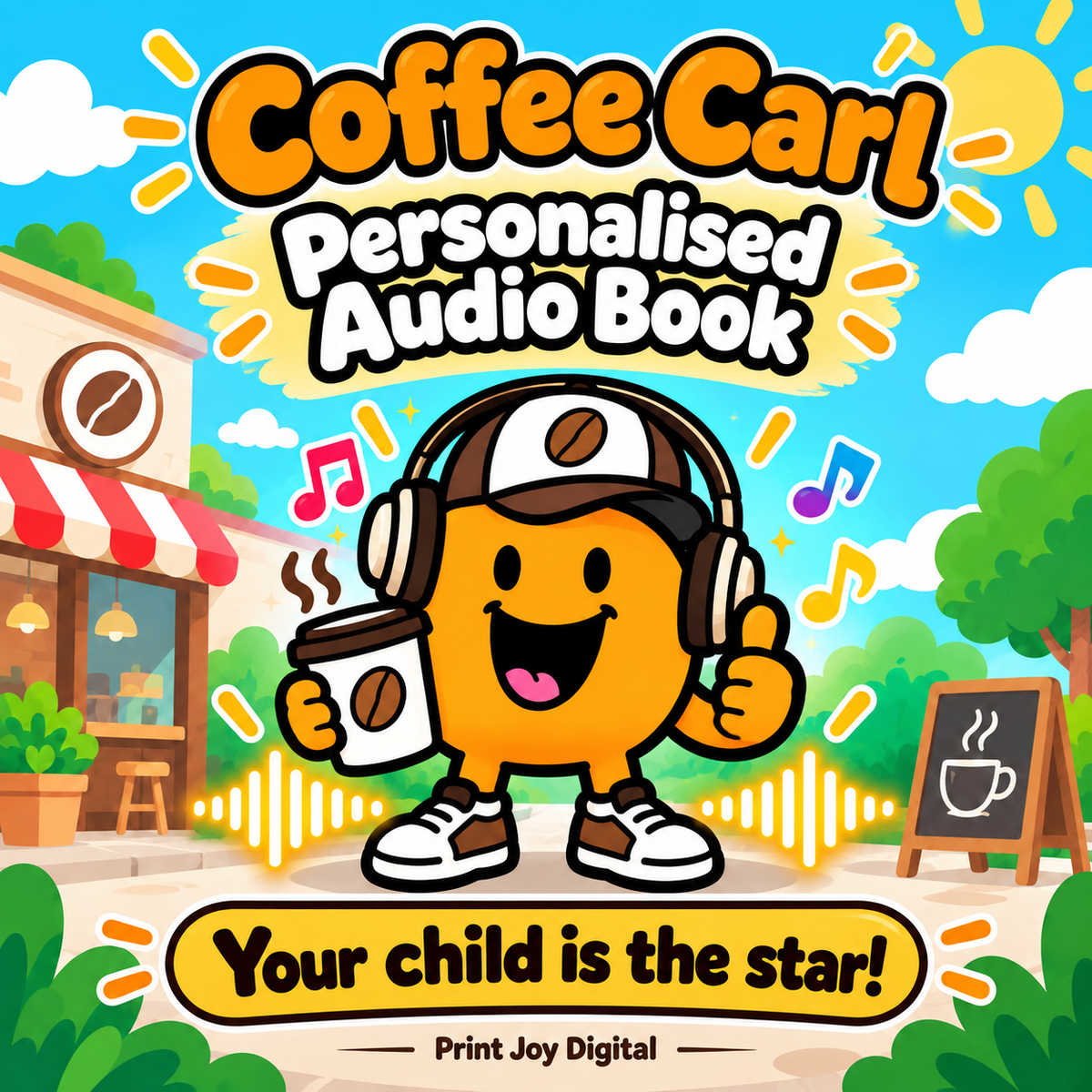 Coffee Carl personalised audiobook cover — Your child is the star