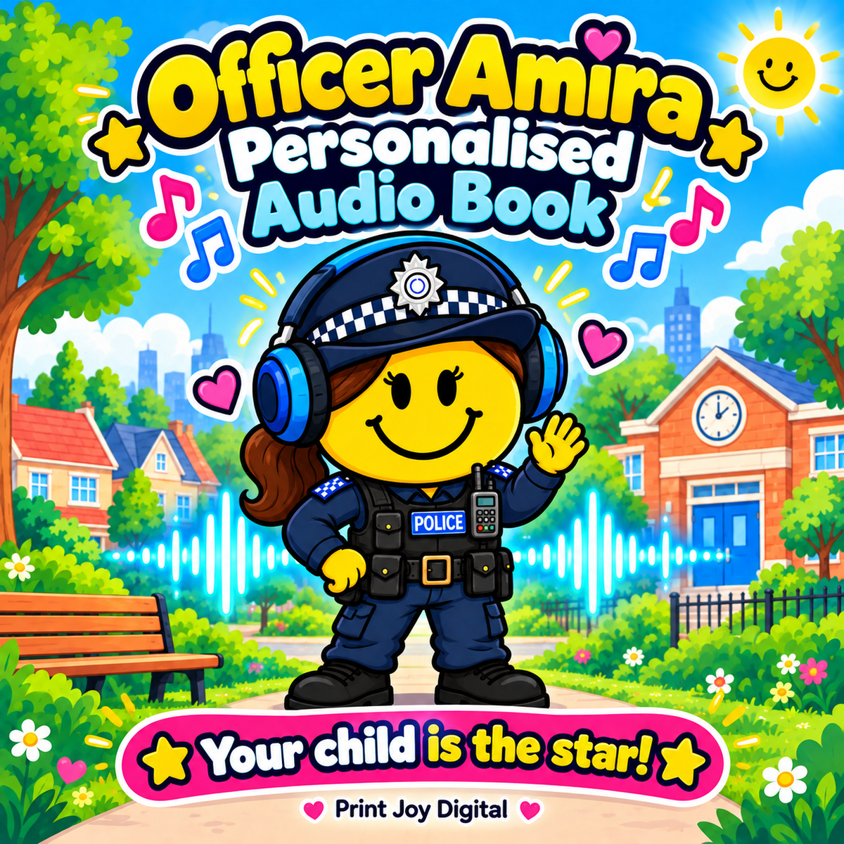 Officer Amira personalised audiobook cover — Your child is the star