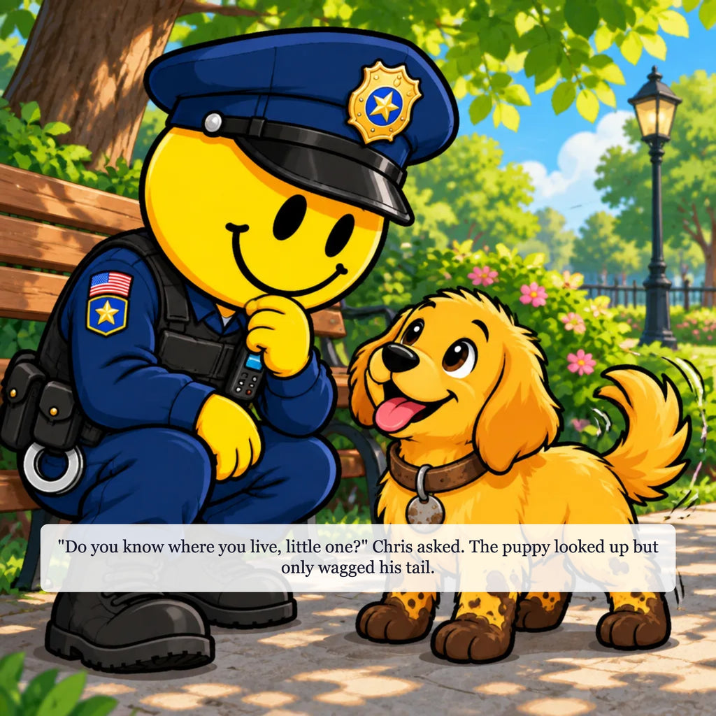 Story preview: Patrolman Chris asks the lost puppy where he lives