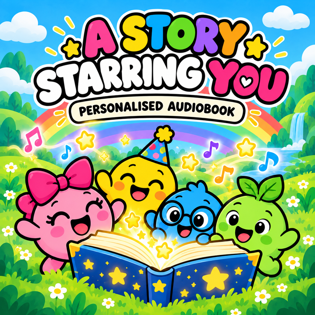 Joykins characters gathered around a storybook for a personalised audiobook